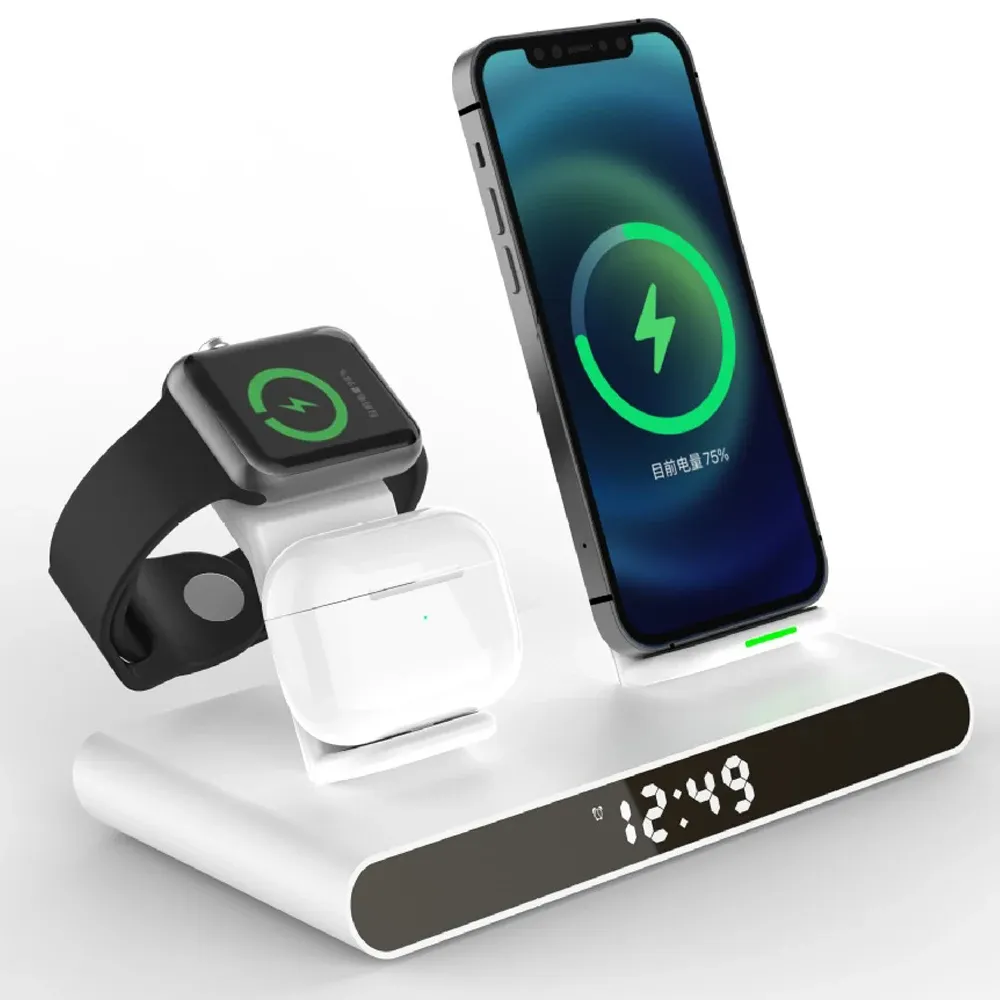 Chargers Qi 3 in 1 Wireless Charger Alarm Clock Pad For iPhone 13 12 Pro Max iWatch AirPods Fast Charging Station Dock Wireless Chargers
