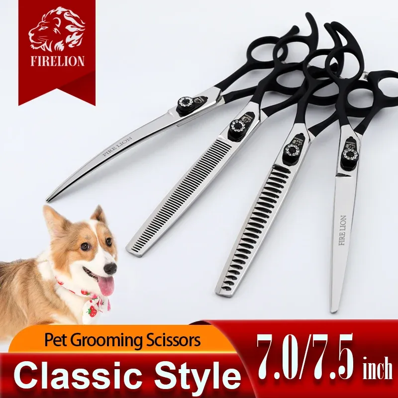 Tesoura Firelion 7.0/7,5 polegadas 440c Aço de aço Corte de cães Rainning Scissors Curved Animal