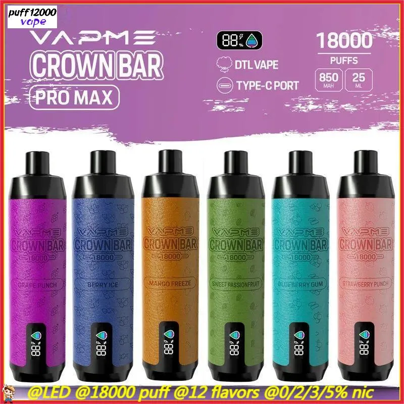 VAPME CROWN BAR 18000 PRO MAX disposable 18K puffs e-cigarette mesh coil DTL vape smart screen 0% 2% 3% 5% Type-C port vape pen 12 flavors choose vs al fakher 8000