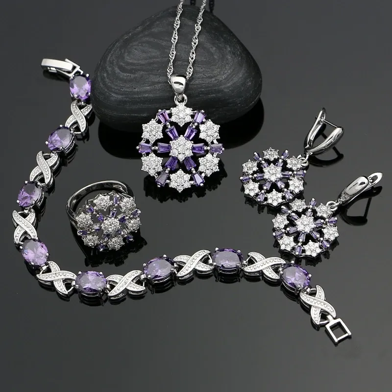 Strands 925 Set di gioielli in argento sterling set quadrato viola CZ di cristallo bianco per donna braccialetto da matrimonio/pendente/orecchini/anello/collana set