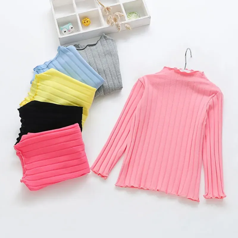 kid girls long sleeve T-shirt infant toddler tops 2020 fall Solid pink yellow black blue children Knitted Sweaters High neck