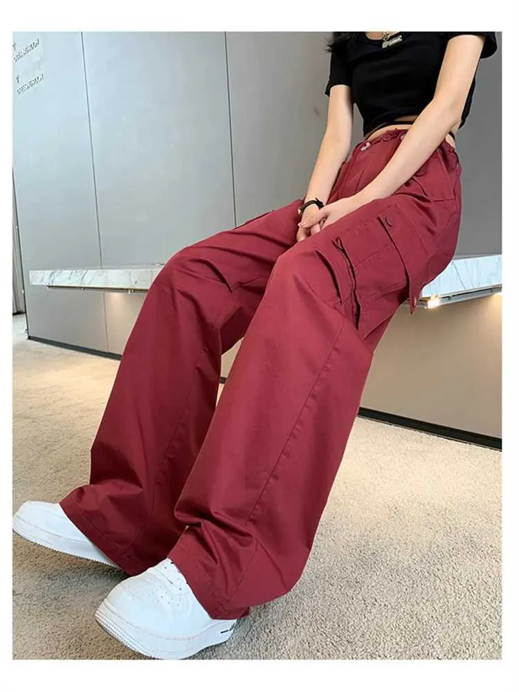 Women's Jeans Womens Drawstring Design Large Pocket Casual Pants Fashion Girl Wide Legs Bottoms Female High Waisted Straight Thin Trousers Y240422