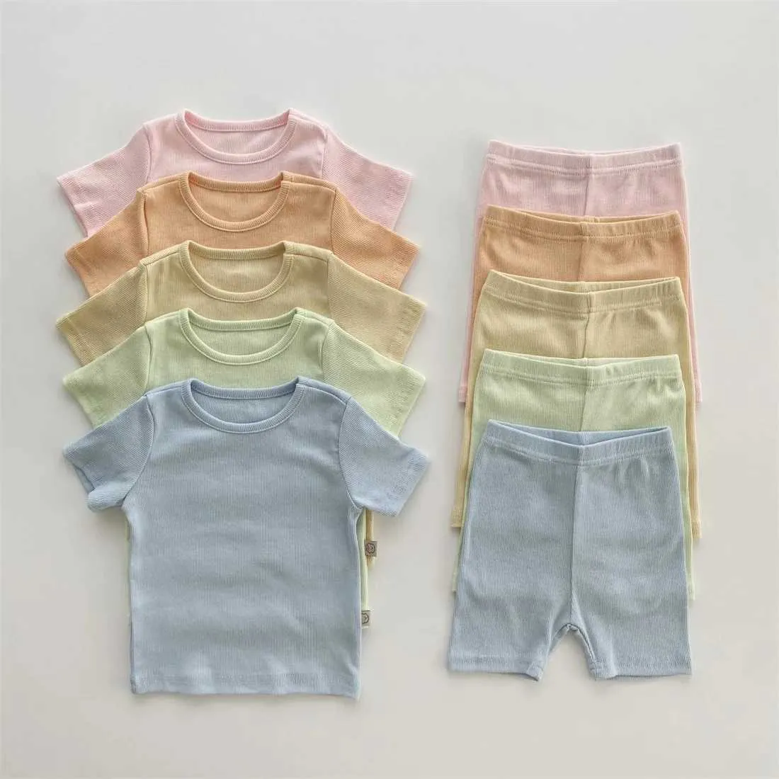 Kläder sätter baby bomull ribbade kläder set korta ärm toppar + shorts 2st.