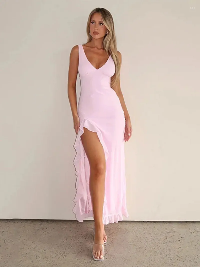 Lässige Kleider Frauen sexy gekräuselte Kantenschlitz Pink Langes Kleid Modelle Frühling V-Ausschnitt ärmellose zwei Schultergurte Vestidos Lady Club Party