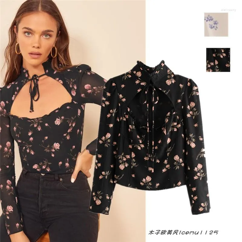 Women's Blouses French Special-Interest Design-Sense Stand Collar Low-Cut Hollowed Shirt Elegant Retro Floral Lace-up Court Top