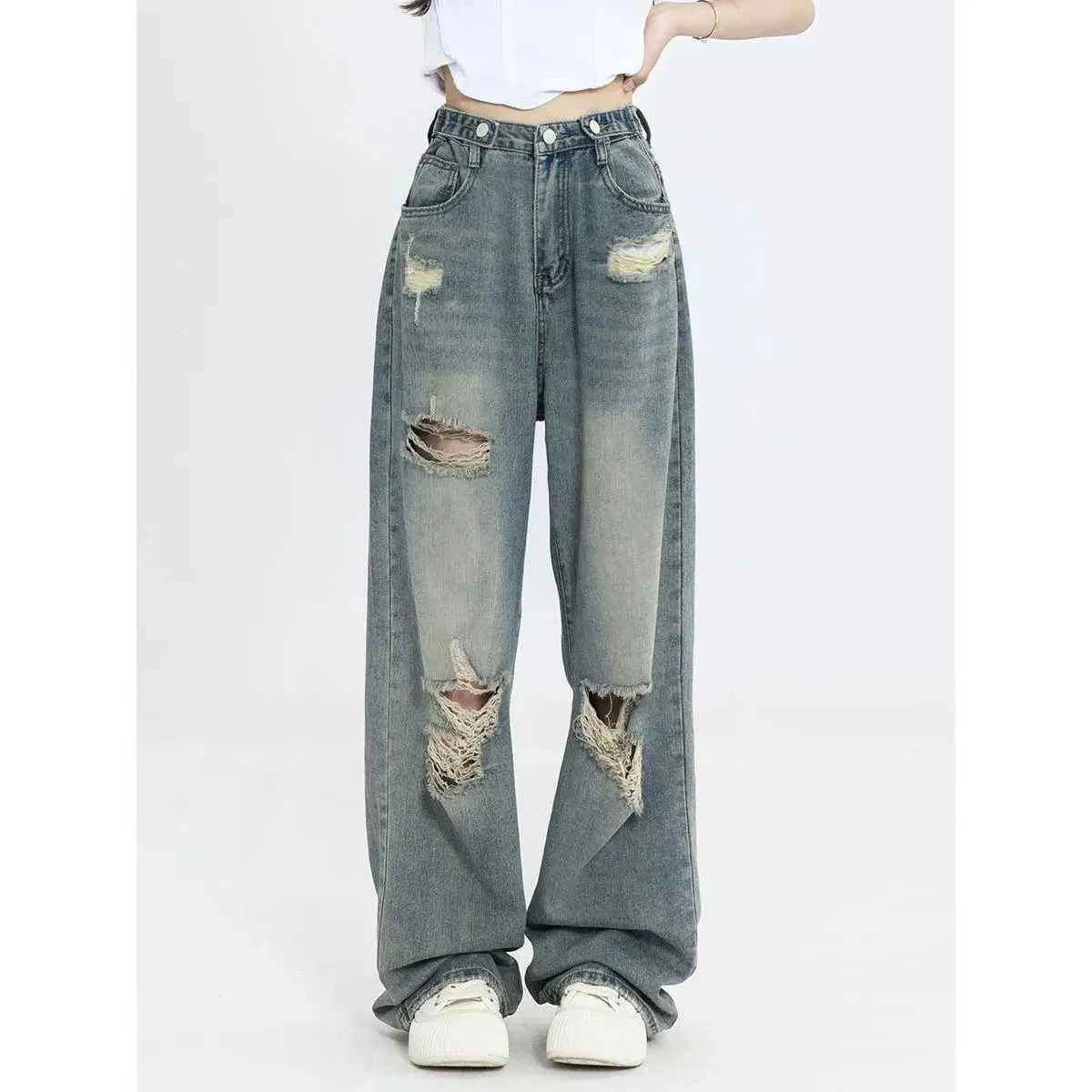 Dżinsy damskie vintage workowate dżinsy damskie mody szeroką nogę wysoką talię proste spodnie bioder niebieski dżins mama dżinsowe spodni Y240422