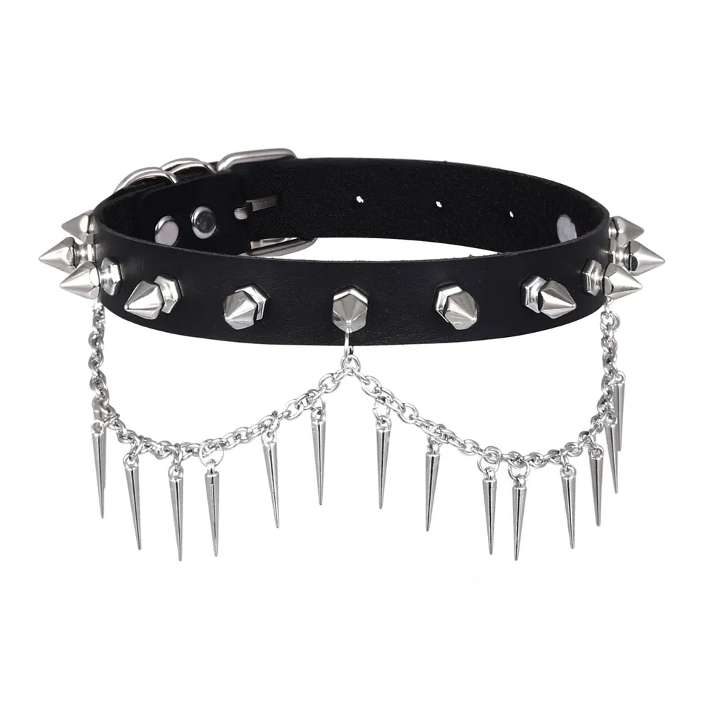 Necklaces Punk Spiked Choker Necklace For Women Men Black Leather Collar Chain Studded Chocker Goth Jewelry Halloween Accessories