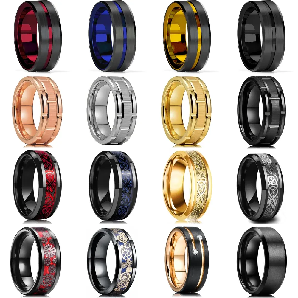 Band Fashion Men's 8mm Gold Color Groove Beveled Edge Tungsten Wedding Carbon Fiber Ring Punk Gear Wheel rostfritt stål Ring för män