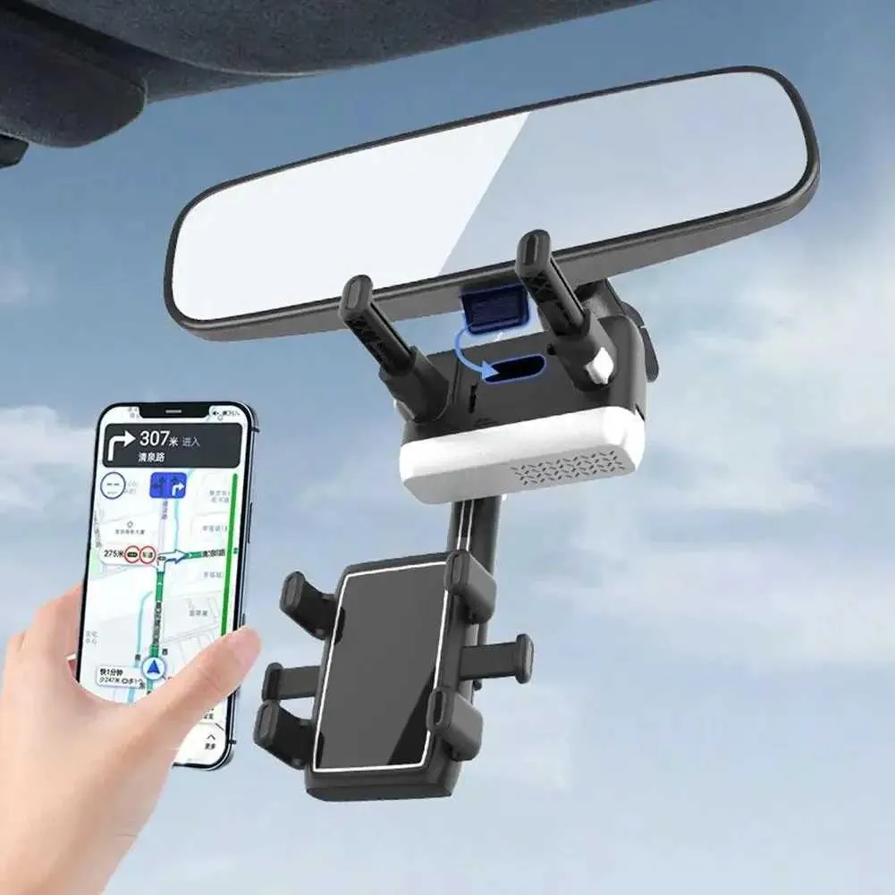 Cell Phone Mounts Holders Car Rearview Mirror Phone Holder with 360 Degree Rotation and Retractable Universal Mobile Phone Stand Compatible for Iphone 15 Y240423