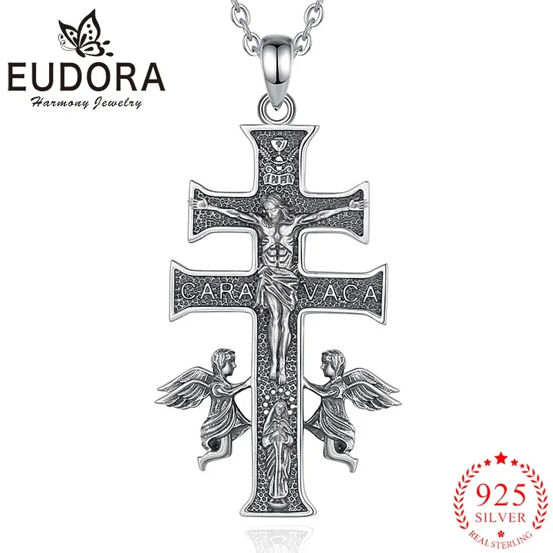 Naszyjniki Eudora 925 Sterling Silver Caravaca Cross Naszyjnik Jezus Angel Vintage Amulet Wisior Mężczyźni Mężczyźni Religijne Osobowość Prezent biżuterii