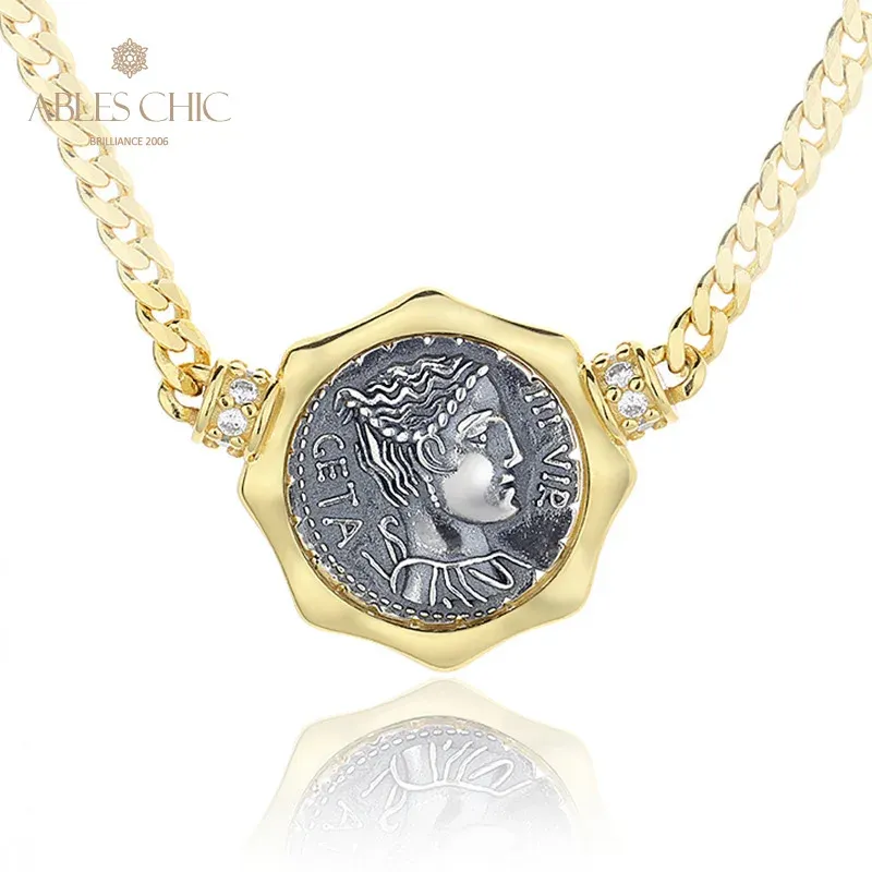 Halsketten Diana Griechisch Hexagon Silbermünzen Charm CZ Akzent 18K Gold Ton Feststoff 925 Silber Römisch Münze Halskette N1017