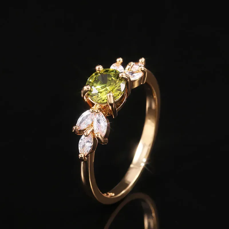 Band Huitan Delicate Women Wedding Ring Olive Green Round Zircon With Leave Shape Elegant Gold Color Girl Gift Rings Trendiga smycken