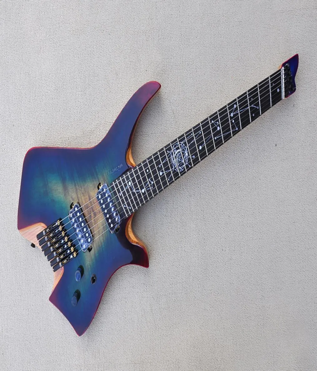 Factory Custom 7 Strings Headless Blue Sunburst Faned Electric Guitar med Ash BodyRbony Fretboard Black Hardwarescan Be Customi1885586