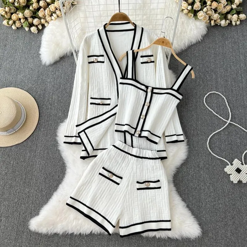 Women's Tracksuits Women Shorts Suits Knit Patchwork Color V-neck Knitted Cardigan Strap Vest High-waisted Clothes Outfits