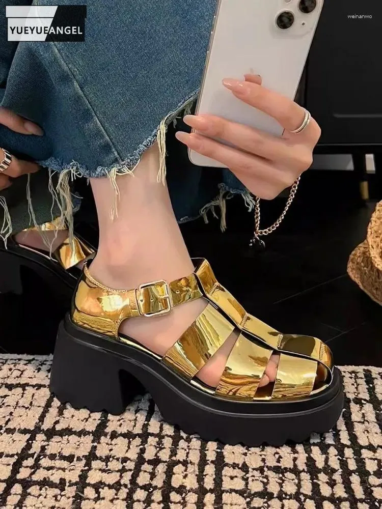 Dress Shoes Women Fashion Split lederen Sandaal Dikke platform Hollow Out Summer Casual Buckle Strap D chunky hakken Gladiator Sandalen