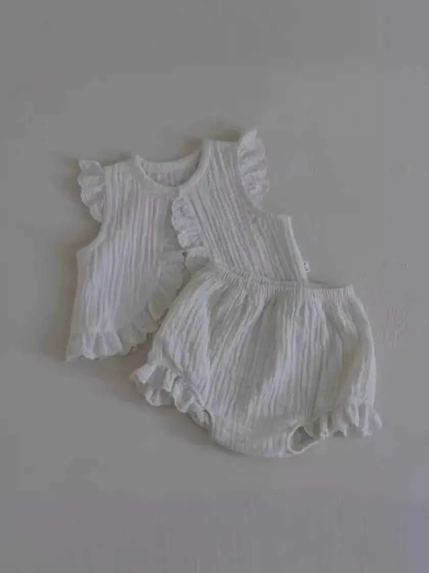 Giyim Setleri 2024 Yaz Yeni Bebek Kolsuz Kıyafetler Bebek Erkek Kız Katı Yelek Üstleri + Şort 2 PCS Takım Toddler Pamuk Hırka Kıyafetler H240423