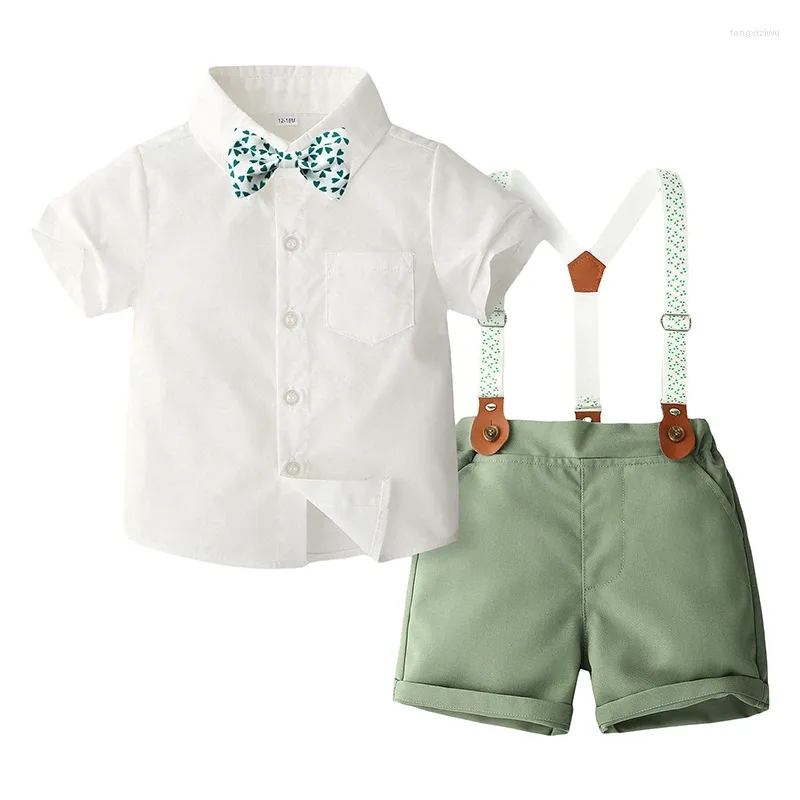 Clothing Sets FOCUSNORM 0-5Y Toddler Baby Boys Gentleman Clothes 2pcs Solid Short Sleeve Bowtie Shirt Suspender Shorts