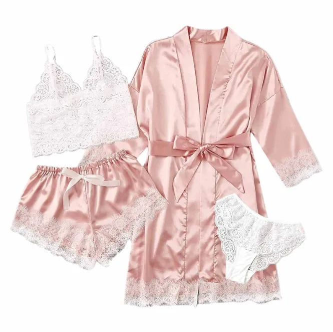 Black Sexy Women's Pajamas Satin 4-piece Lace Silk Suspender Tops Shorts Robe Pajamas Set Nightgown Underwear Nightdress Suit