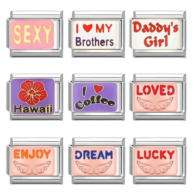 Strands Mody Dream Lucky Love Words Italienisch Charm Links Quadratperlen passen 9 mm italienisches Armband Edelstahl DIY Machen Sie Geschenke