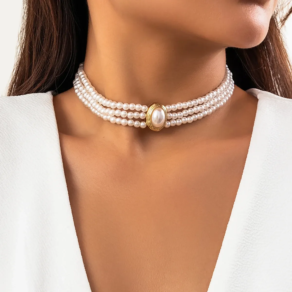Halsketten Purui Elegante Imitation Perlen Halskette Mehrschichtige handgefertigte Strangperlen Naturstein CHOKER FRAUEN JUDELLY NACKEI Kette