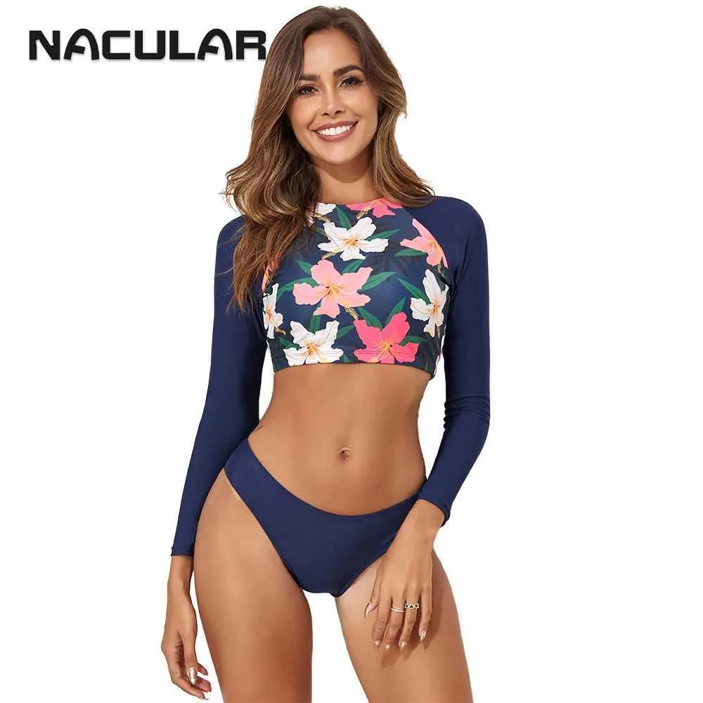 Swim Wear Nacular 2024 Surf Swimsuit Long Sleeve Printed badkläder Kvinnor Två bit Rashguard Diving Bathing Swimming Suit Tankini High Cut 240423