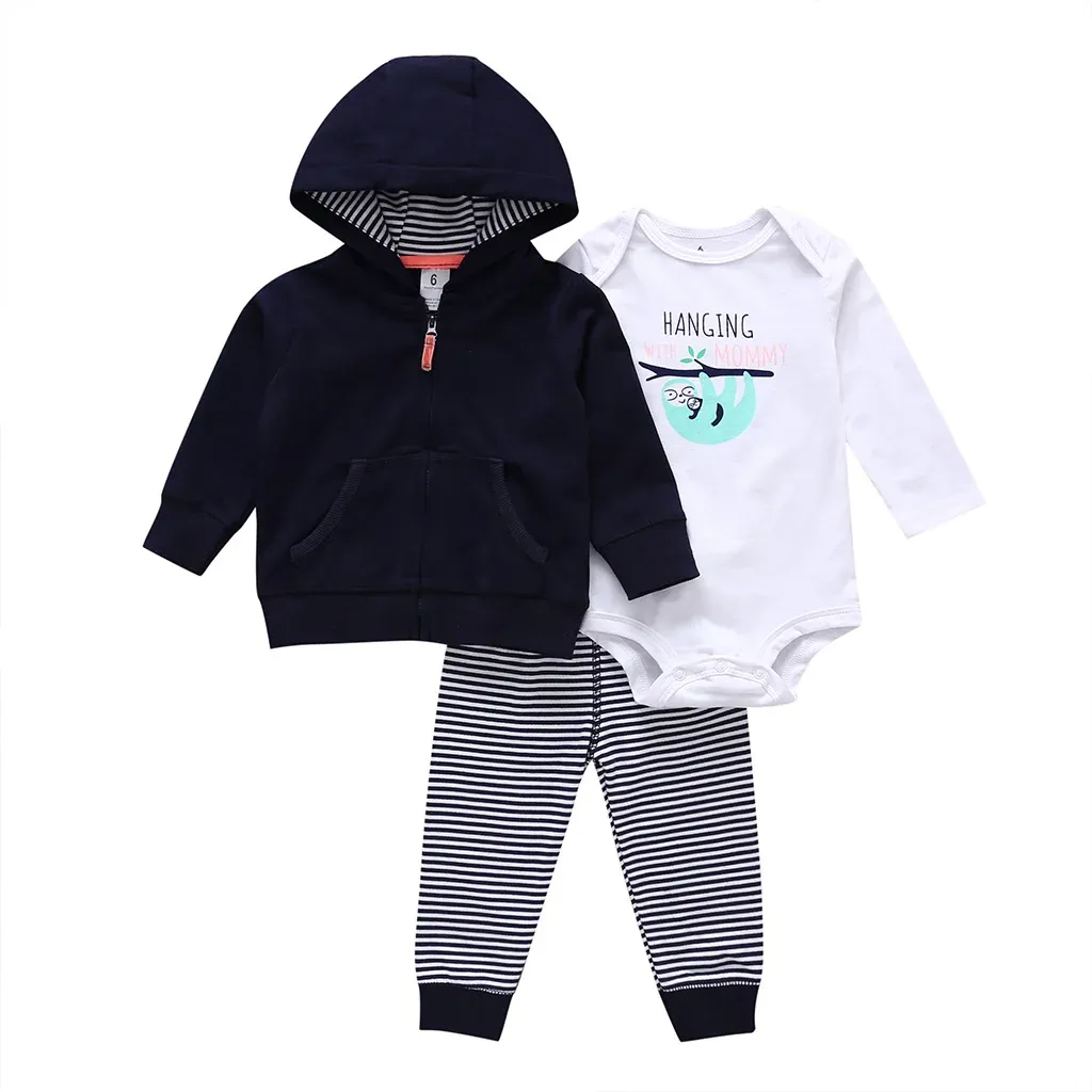 newborn baby outfit autumn winter clothes boy girl set long sleeve coat blue+romper+pants stripe 2019 unisex new born cotton