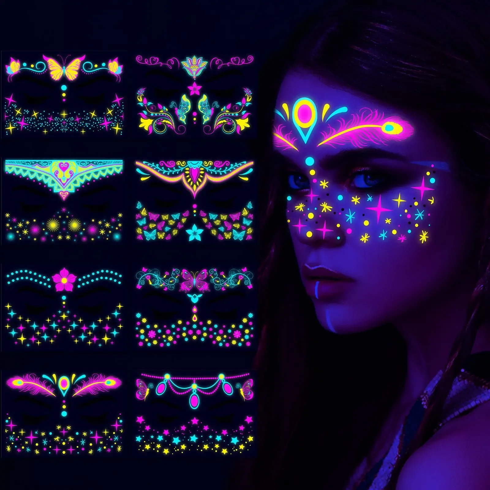 Tatouages fluorescents halloween face tatouage autocollant papillon rose faux tatouage uv brill