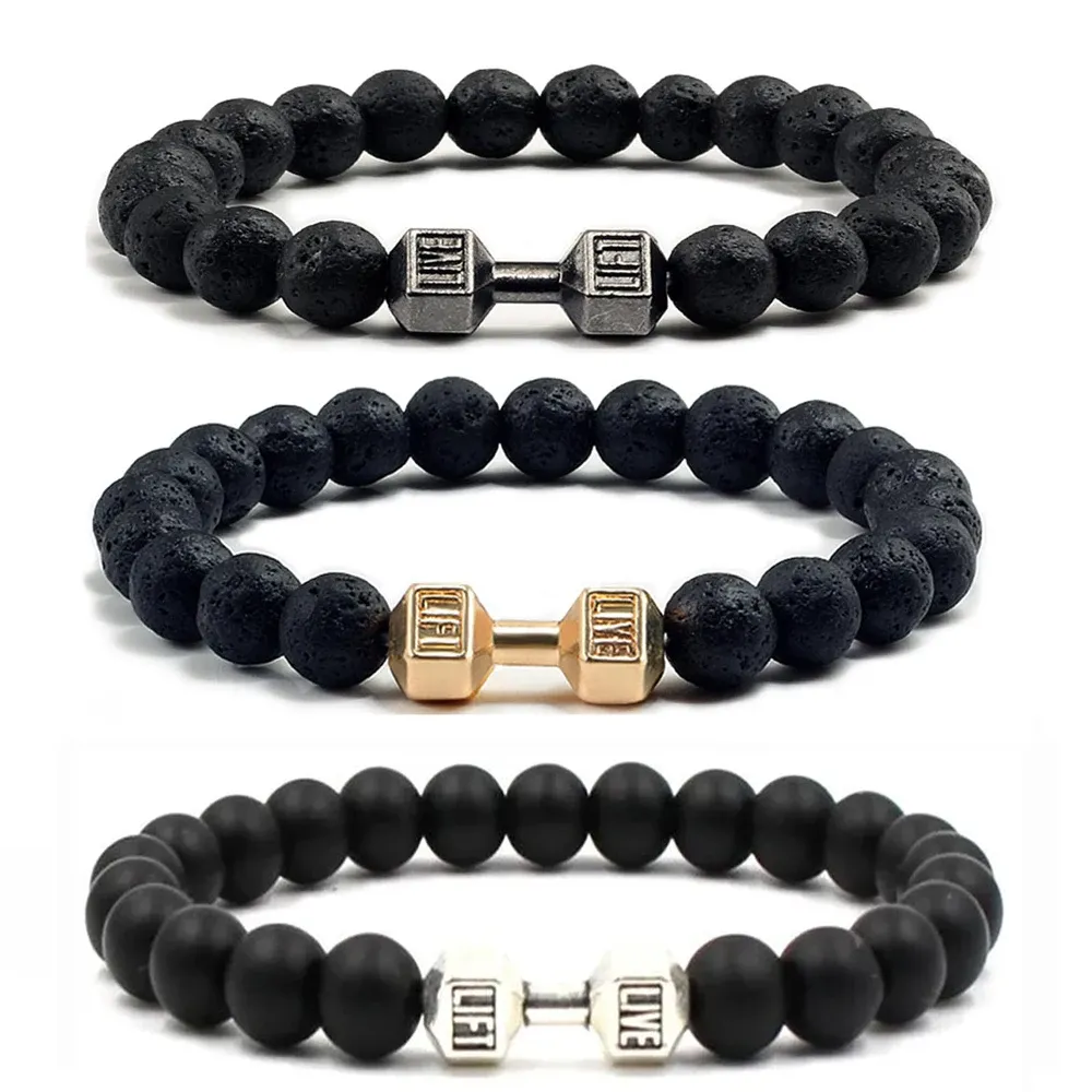 Bracelet lave bracelet noir en pierre volcanique noire noire mate haltères Bracelets pour femmes hommes fitness barbell bijoux masculins bracelets