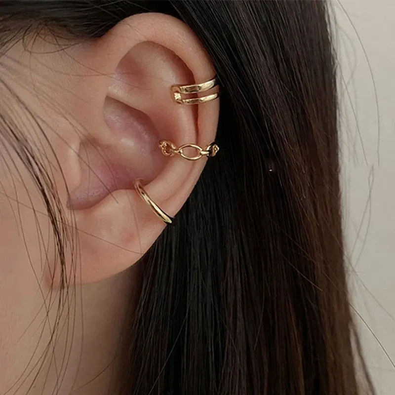 Boucles d'oreilles 3pcs / set Fashion Design simple Design Gold Color Clip Boucles d'oreilles pour femmes Puck Rock Rock Faux cartilage oreille à l'oreille
