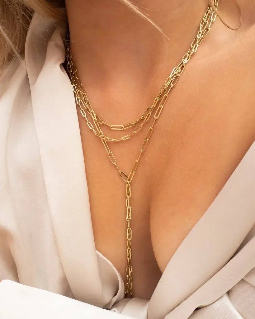 Halsband rektangel öppen länkkedja multi trippel 3 lager kvinnor halsband guld färg enkel sexig långa lariat kvinnor kedjor