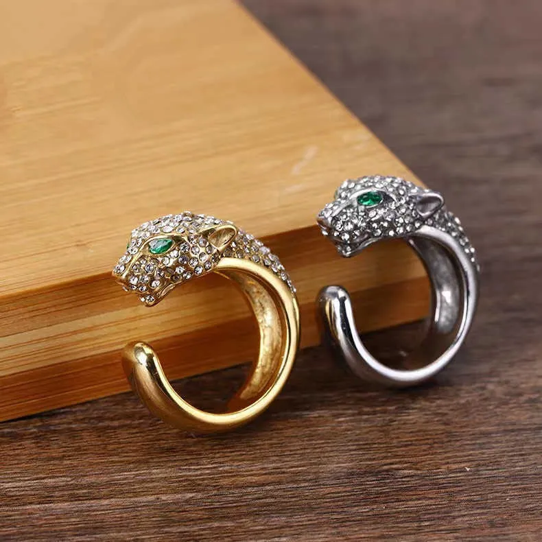 Hot selling personalized animal ringsLeopard Head Ring Opening Green Couple with carrtiraa original rings