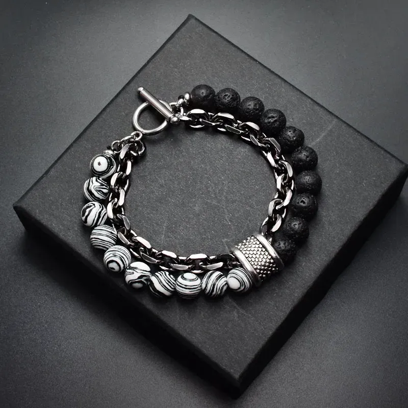 Brins Bracelet de chaîne en alliage de couleur noire de pierre naturelle Homme Lava Stone Eye Tiger Perle Meditation Ot Boucle Cadeaux pour hommes