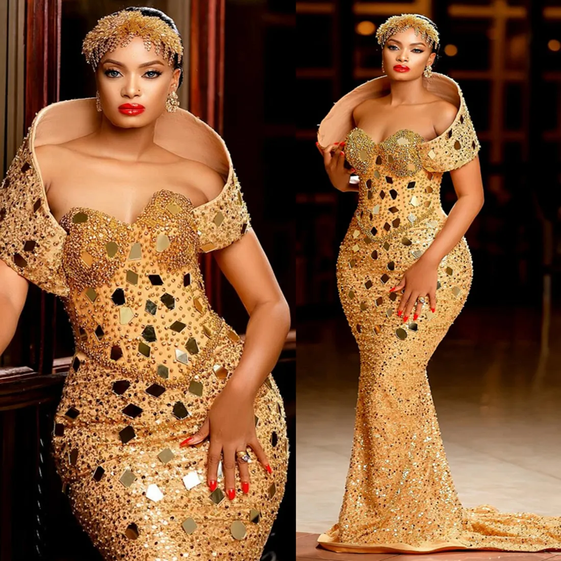 Gold Sequin Prom Dresses 2024 for Black Women Lace Pearls Decorated Mirror Sequin Reception Gowns