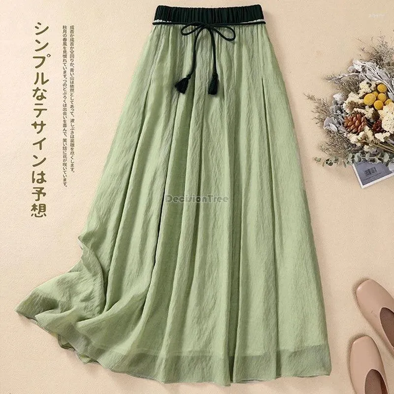 Ethnic Clothing 2024 Cotton Chinese Retro Slimming Spring Summer Gauzy Half Skirt Women Elastic Waist Lace-up Elegant Long Loose W340