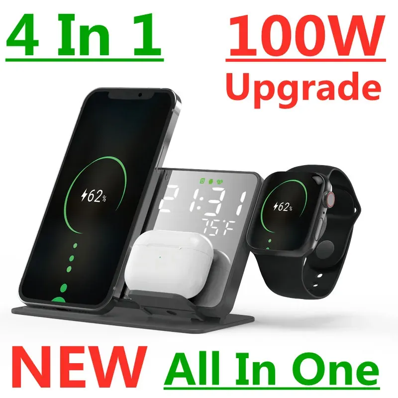 Chargers 100W 4 Inter 1 Kablosuz Şarj Cihazı İPhone 14 13 12 11 Apple Watch AirPods Pro Telefon Şarj Cihazları Hızlı Şarj Dock İstasyonu