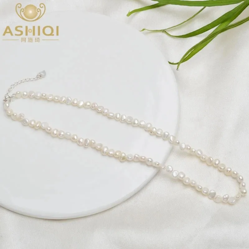 Ashiqi Natural 5-6mm Baroque Pearl Choker 목걸이 925 Silver Clasp Jewelry for Women 240412