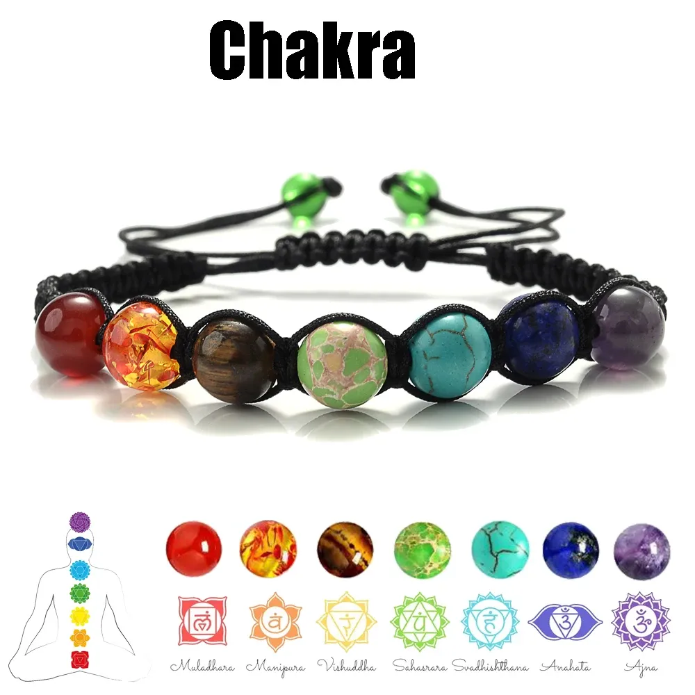 Fios 7 Chakra Natural Stone Breads Bracelet for Women Black Rope Braided Yoga Reiki Balanço Cura Braça