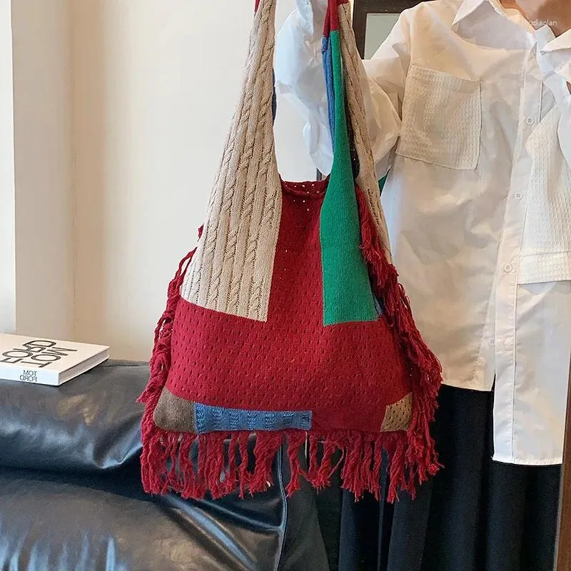 Evening Bags Female Daily Shopping Handbag Lady Knitting Gypsy Bohemian Boho Chic Tote Bag Women Crochet Woolen Open Shopper Top-handle