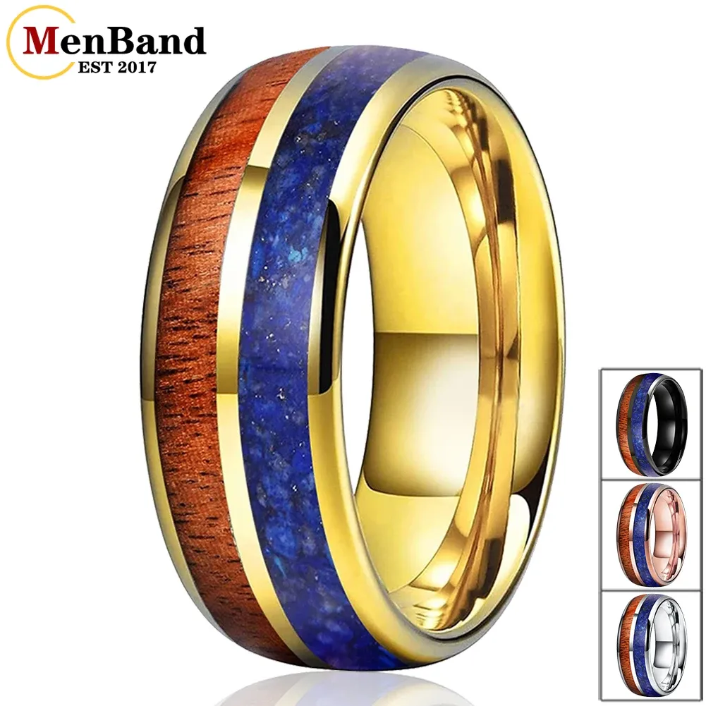 Rings 8mm Tungsten Carbide Ring for Men Women Engagement Wedding Band BlueLapis Koa Wood Inlay Dropshipping Dome Comfort Fit