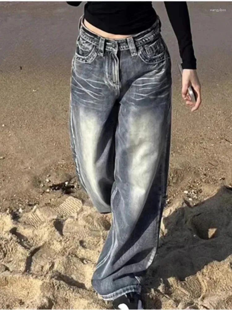 Jeans pour femmes automne rétro rétro large large legged bleu américain décontracté tube à tube droit traînant pantalon denim