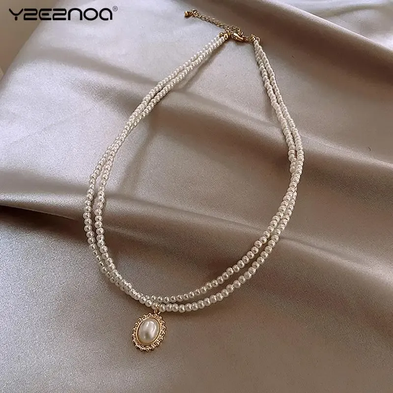 Necklaces Popular Double Layer Pearl Pendant Necklace Gold Color Necklace Women Korean Style Pearl Pendant Necklace Fashion Jewelry Collar