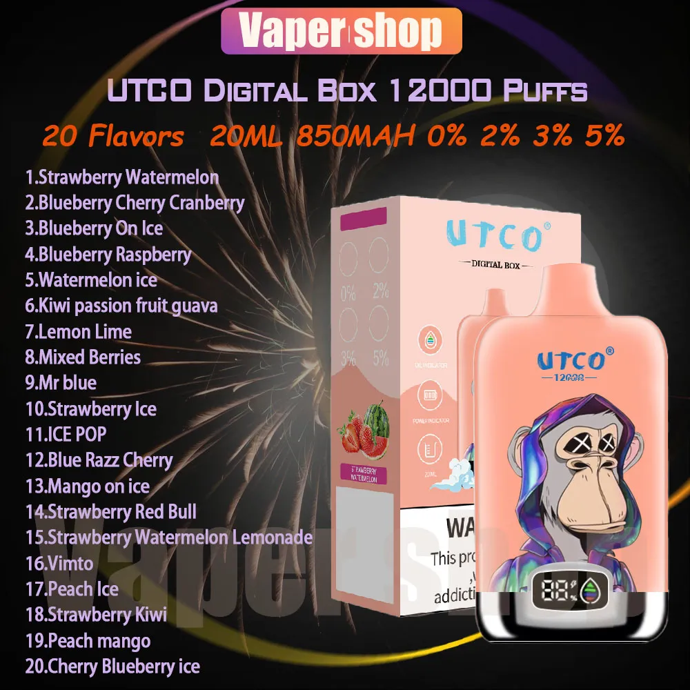 UTCO Digital Box 12000 Puff Disposable Vape 20 Flavors 20 ml Förfylld enhet 850mAh Type-C Uppladdningsbart batteri 12K E Cigaretter