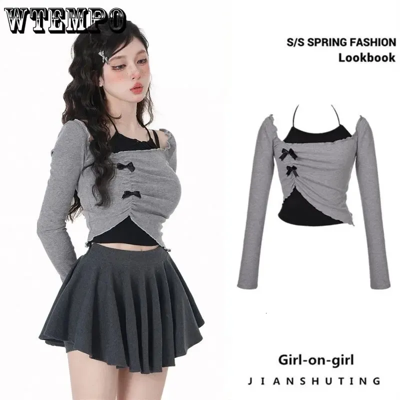 Y2K Grey Two Piece Set Spicy Girl Top Slim Sexy Sexy Sweet Femmes Short Shirt Off épaule T-shirt à manches longues Hanging Col Bow 240416