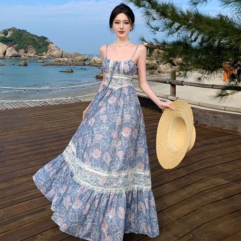 DHgate Casual Dresses Spaghetti Strap Lace Floral Print Beach Style French Chic Lace up Dress High Waist Vestidos 2024 Summer Drop Apparel