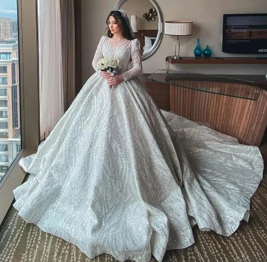luxuriöses Ballkleid Hochzeitskleid 2024 Bling Farkly Spitzenpailletten -Hals Langarm Vestido de Novias Casamento Muslim Brautkleider