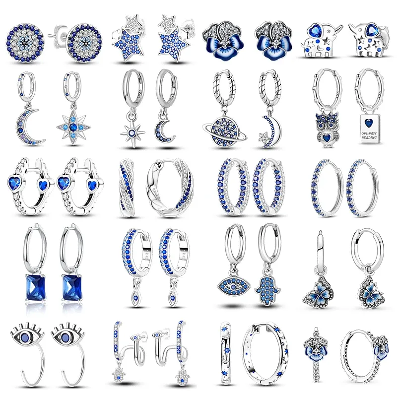 Oorbellen glanzende blauwe zirkoon uil oorbellen 925 zilveren kwaadaardige ogen oorbellen voor vrouwen bruiloftsbetrokken planeet maanster zirkonia sieraden