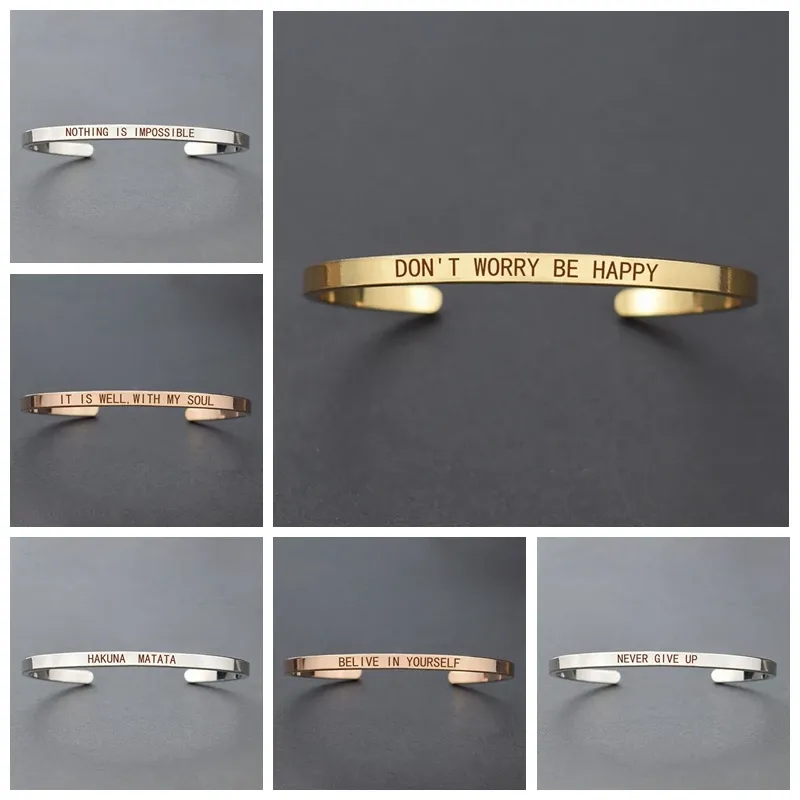 Strands Inspirational Quotes Cuff Bracelet " DON'T WORRY BE HAPPY " Metal Engraved Bracelet Bangle Fashion Jewelry Gifts for Friends