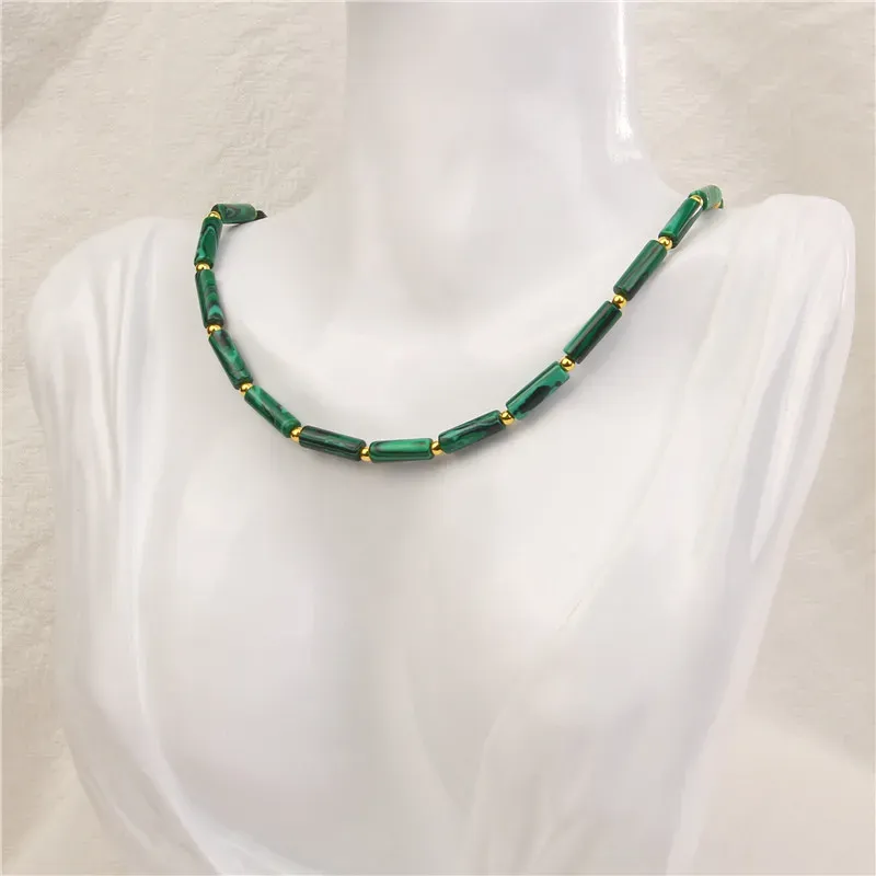 Necklaces Natural Stone Cylinder Beads Necklace Malachite Gold Color Chain Choker Necklaces Simple Female Necklace for Women Jewelry Gift