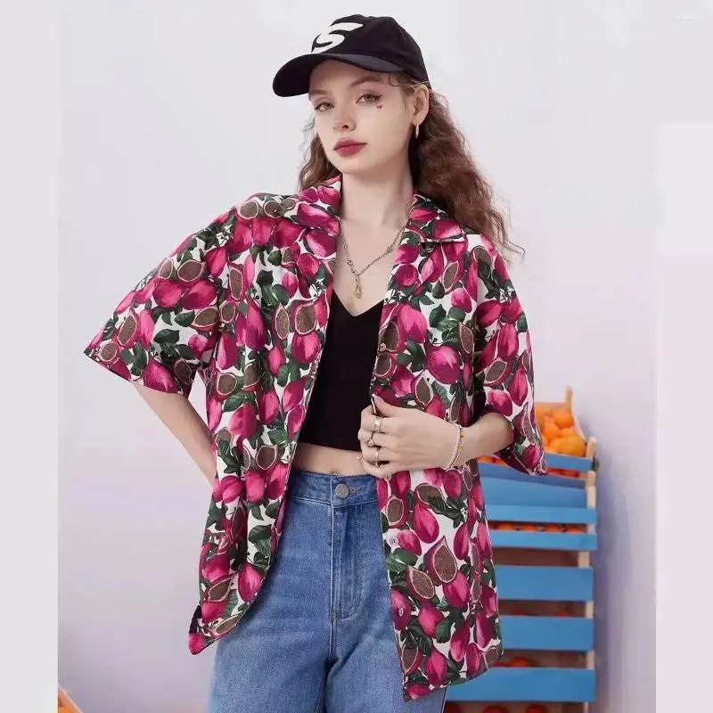 Women's Blouses Tropical Fruit Full Print Beach Shirts Oversized Women Short Sleeve Button Up Cause Cuba Shirt Summer 2024