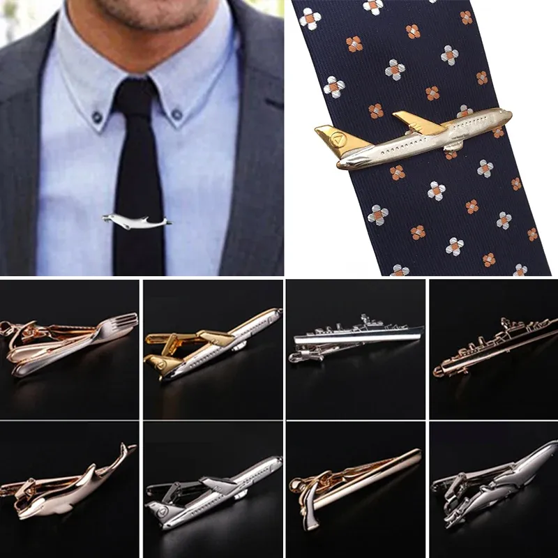 Clips Men Alloy Metal Gold Color Tie Clips Fashion Steamship Dolphin Airplane Tie Bar Wedding Party Sieraden Pin Business Man Gifts